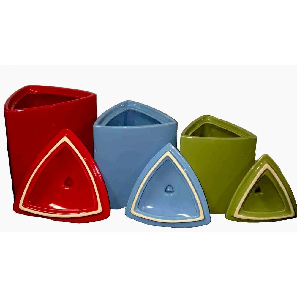 Oneida VTG MCM Buffalo China Triangle Canister Set of 3 Red Blue Green EUC Rare